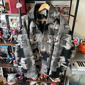 Vintage Wool Llama Pattern Hooded Jacket Women’s XL Men’s L Oversized Button Up